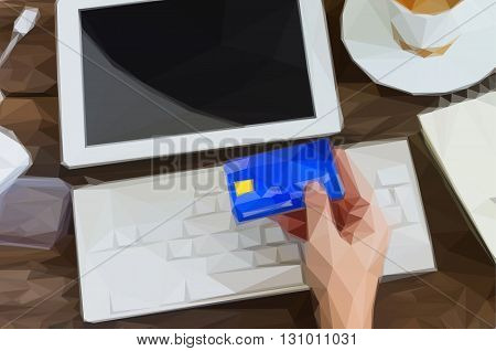 Low poly illustration mobile shopping concept - hand over mobile office with ipad and keyboard
