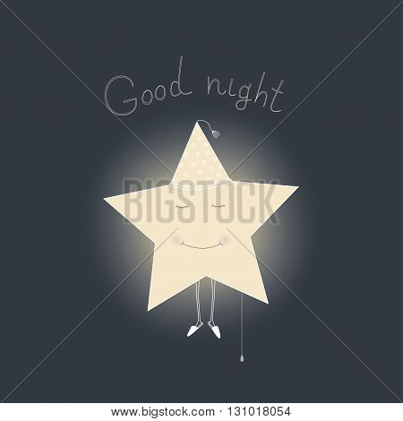 Vector card illustration with sleeping star. Wishes of good night.