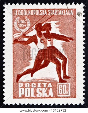 POLAND - CIRCA 1954: a stamp printed in the Poland shows Jawelin Throwers Second Summer Spartacist Games circa 1954