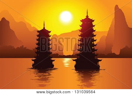 Two old pagodas on the water, Guilin, China