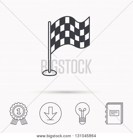 Racing flag icon. Finishing symbol. Download arrow, lamp, learn book and award medal icons.