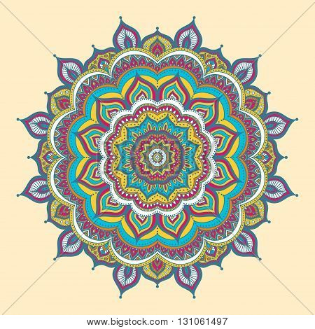 Vector hand drawn doodle mandala. Ethnic mandala with colorful ornament. Isolated. Yellow orange red white and blue colors.