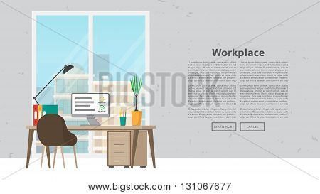 Web banner with workplace and place for text. Vector illustration with business workspace in the office. Web page with office interior.