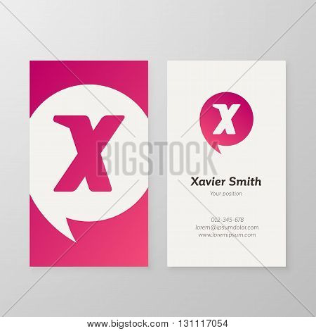 Modern letter X in speech bubble Business card template. Vector business personal card design. Layered editable.