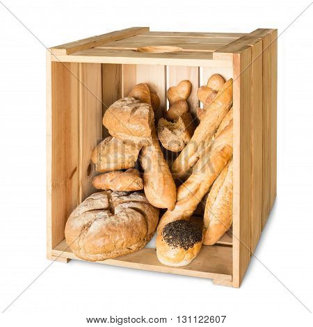 Bread In Wooden Box Isolated On White Background With Clipping Path