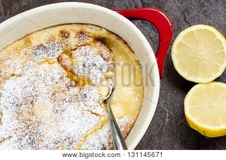 Traditional English lemon pudding, in baking dish.
