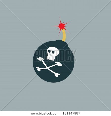 Bomb ready to explode with fuse and Jolly Roger sign. Vector flat icon of bomb