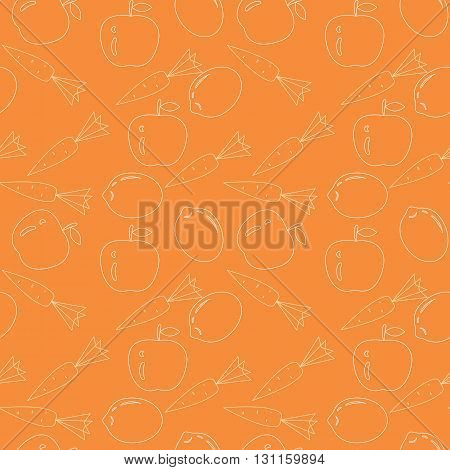 Vegetable set. Seamless vegetable and fruit pattern. Contour drawing. White outline Set for juice