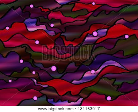Stunning seamless seascape themed abstract stained glass window design in red and purple tones.