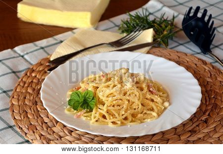 Bowl of delicious Italian spaghetti Carbonara. Italian food.