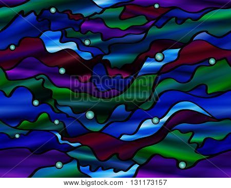 Stunning seamless seascape themed abstract stained glass window design in blue and green tones.