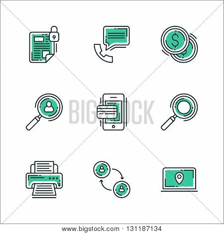 Set of icons of business workflow items and elements office equipment and stuff. Colored in green isolated on white background