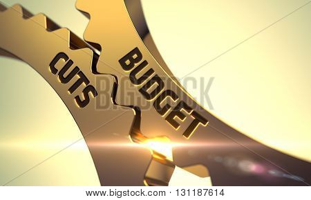 Budget Cuts - Illustration with Glow Effect and Lens Flare. Budget Cuts on Mechanism of Golden Metallic Gears with Lens Flare. Budget Cuts on the Mechanism of Golden Metallic Cog Gears. 3D.