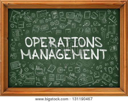 Green Chalkboard with Hand Drawn Operations Management with Doodle Icons Around. Line Style Illustration.