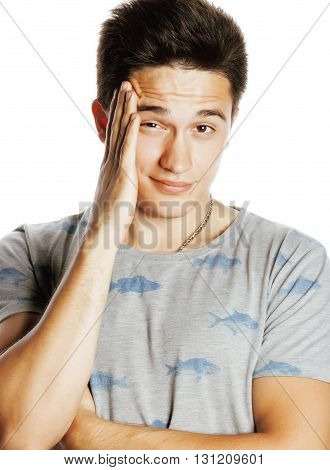 young attractive real man isolated thinking emotional on white close up gesturing smiling