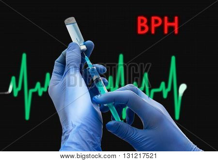 Treatment of BPH (benign prostatic hyperplasia). Syringe is filled with injection. Syringe and vaccine. Medical concept.