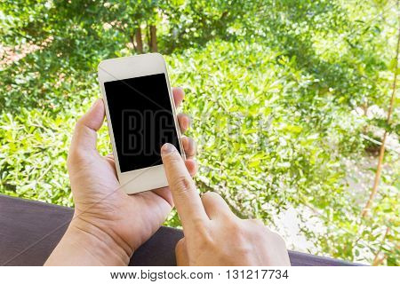 Lady Or Girl Hands Serching Or Surfing Internet Via Cellphone Or Mobile In Relax Mood With Nature Tr