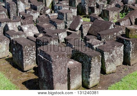 stone blocks ruins in ratu boko temple complex