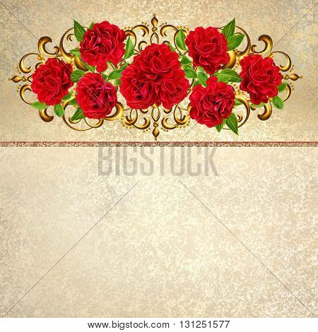 composition of red roses in a gold frame. Old style. Pastel shades. Floral background.