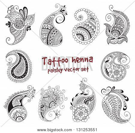 Vector abstract pattern of tattoo henna paisley. Stock mehndi set for design on white background - indian cucumbers.