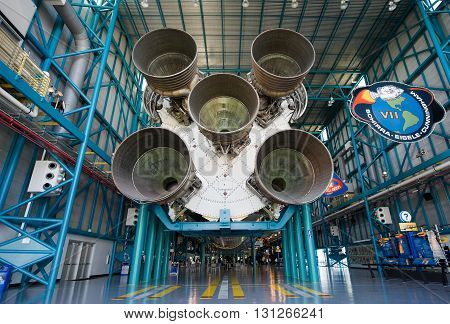 KENNEDY SPACE CENTER FLORIDA USA - APRIL 27 2016: The Saturn 5 rocket which is exhibited at the visitor complex of Kennedy Space Center