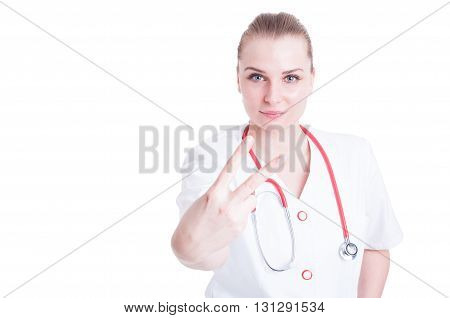 Attractive And Smiling Doctor Showing Peace Sign Or Number Two