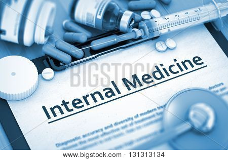 Internal Medicine on Background of Medicaments Composition - Pills, Injections and Syringe. 3D Render.