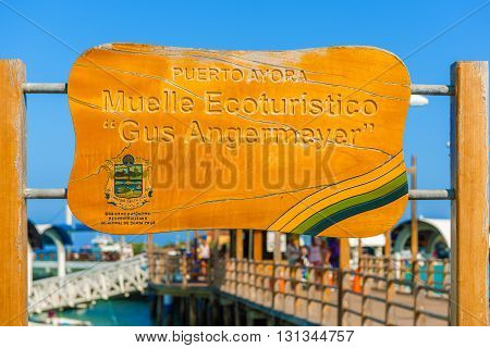 Puerto Ayora Galapagos Ecuador - April 1 2016: Ecoturism sign at the pier in Puerto Ayora on Santa Cruz Island in Galapagos