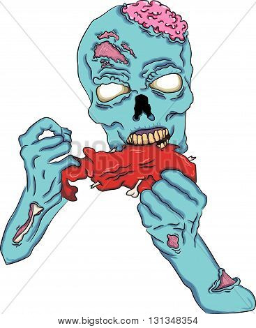 Blue zombie eating a piece of meat with bones