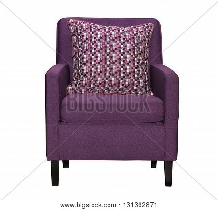 Purple textile chair isolated on white background. Chair furniture with pillows