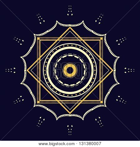 illustration of geometrical symbol on dark blue background. Vector graphic design element. Ethnic abstract symbol