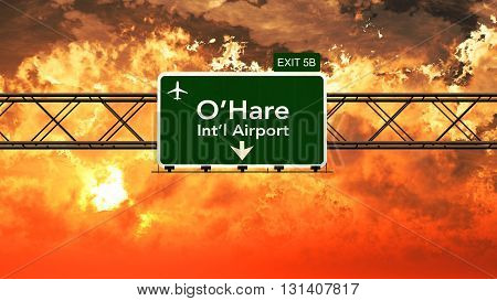 Passing Under Chicago Ohare Usa Airport Highway Sign In A Beautiful Cloudy Sunset