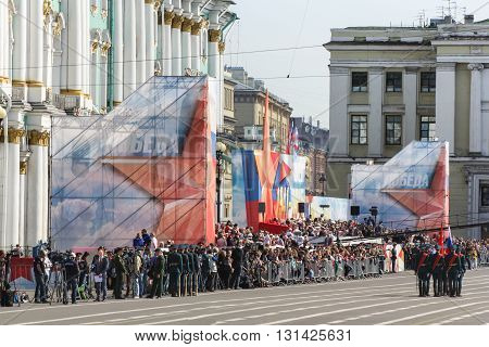 St. Petersburg, Russia - 9 May, The group stands in front bearers at the parade, 9 May, 2016.
Festive military parade on the Palace Square in St. Petersburg.