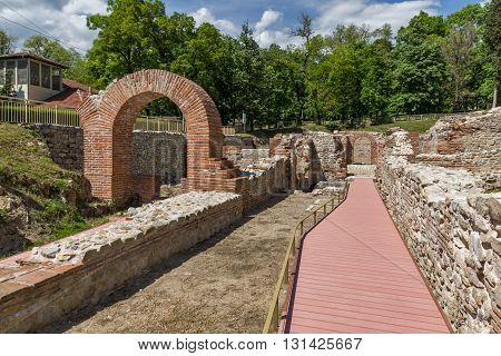 Entrance and Panoramic view in The ancient Thermal Baths of Diocletianopolis, town of Hisarya, Plovdiv Region, Bulgaria
