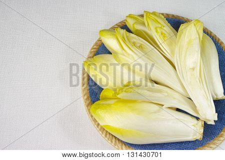 Fresh Chicory Salad leaves placed on a blue plate on white background copy space
