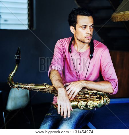 Jazzman Musical Artist Playing Saxophone Concept