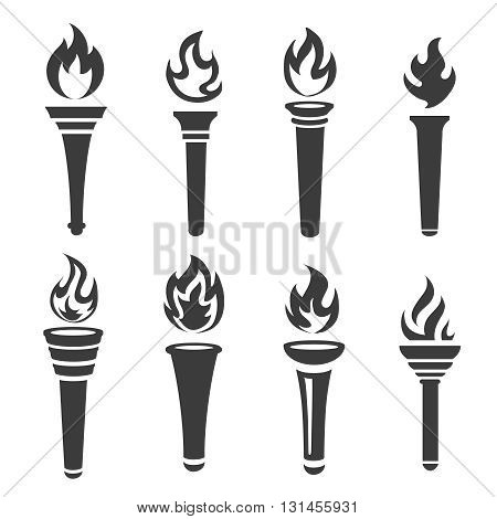 Torch and flame icons black set vector