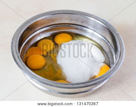 Eggs And Sugar In Mixing Bowl