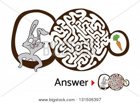 Maze puzzle for kids with rabbit and carrot. Labyrinth illustration, solution included.