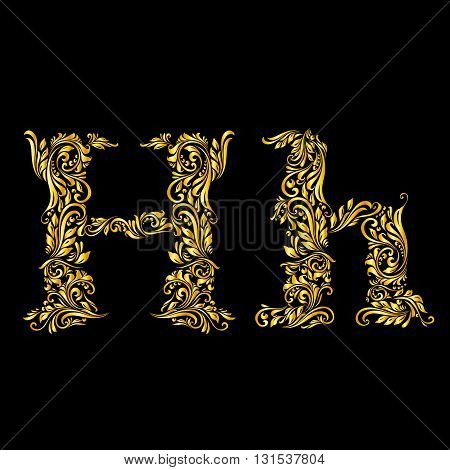 Richly decorated letter 'h' in upper and lower case on black background.