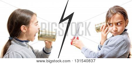 girl screaming in the phone the other cuts the communication with scissors