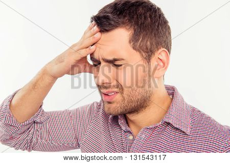 Close Up Photo Of Pretty  Man Suffering Of Headache