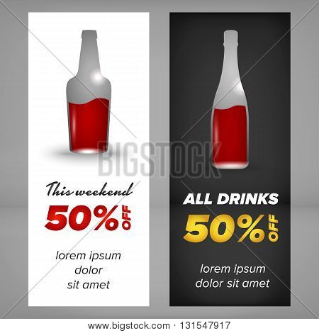 Alcohol banner design with bottle of wiskey and champagne