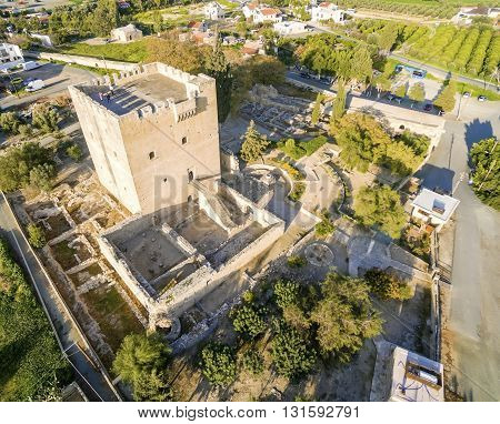 Aerial view of the medieval castle of Kolossi. It is situated in the south of Cyprus in Limassol. The castle dates back to the crusades and it constitutes a landmark of the area.