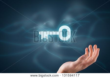 Businessman (consultant coach leader CEO or another business person) offer key to success. Turnkey solution and services concept.
