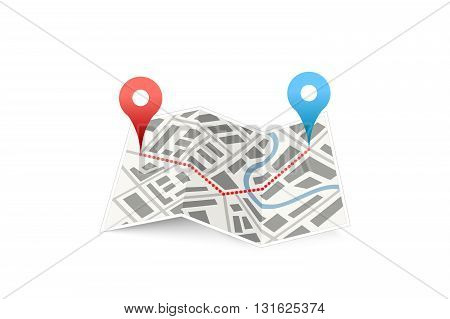 Folded map icon with track between GPS points isolated on white