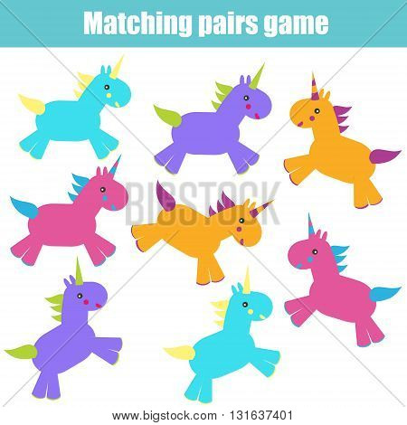 Matching pairs game for kids. Find the right pair for each unicorn