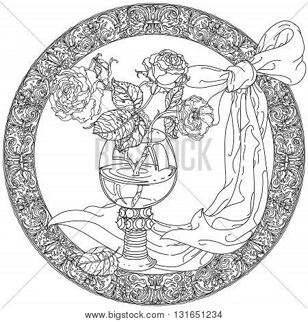 frame with roses in vintage glass, old masters style bouquet for adult coloring book in zen art therapy style for anti stress drawing. Hand-drawn, vector, dutch masters style, for coloring book
