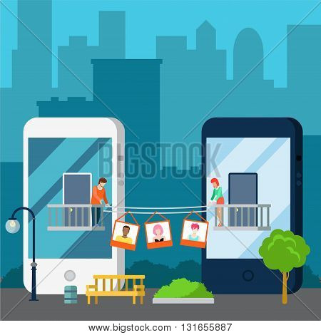 Content sharing concept. Flat style vector website illustration. Boy and girl pull over photos between their smartphones over dryer rope.