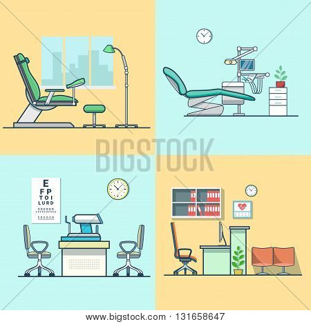 Gynecological gynecology dentist oculist eye doctor office hospital medicine woman healthcare room interior indoor set. Linear multicolor stroke outline flat style vector icons. Color icon collection.